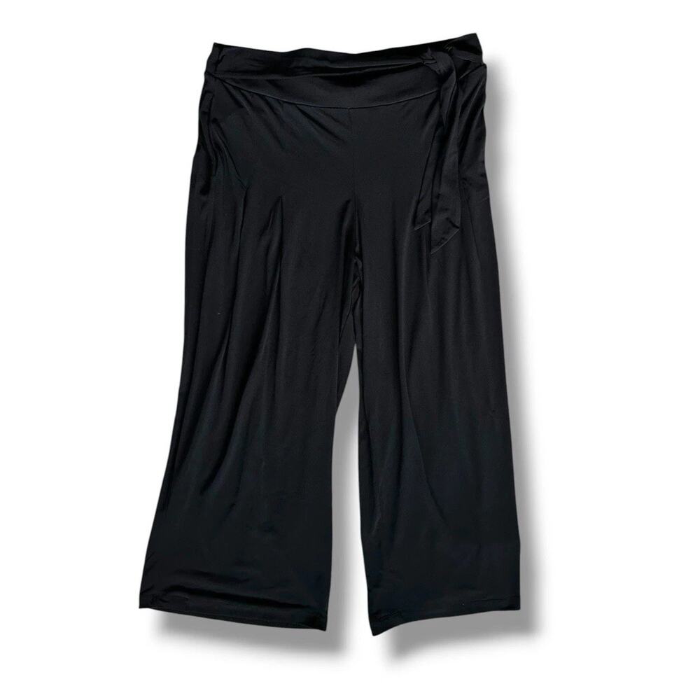Lane Bryant Black Slinky Wide Leg Palazzo Pull-on Pants Pockets Tie Waist 14/16